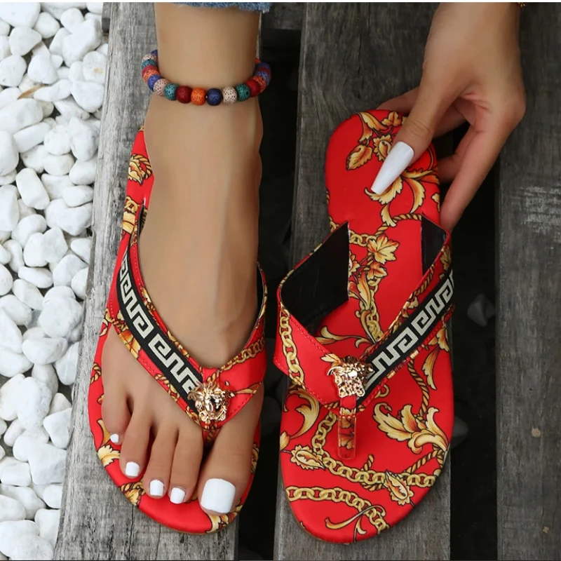 Sexy Flip-Flops Women's Slippers New Fashion Printing Flat Flip-Flops Outdoor Slippers Flat Slippers Women's  Designer Sandals