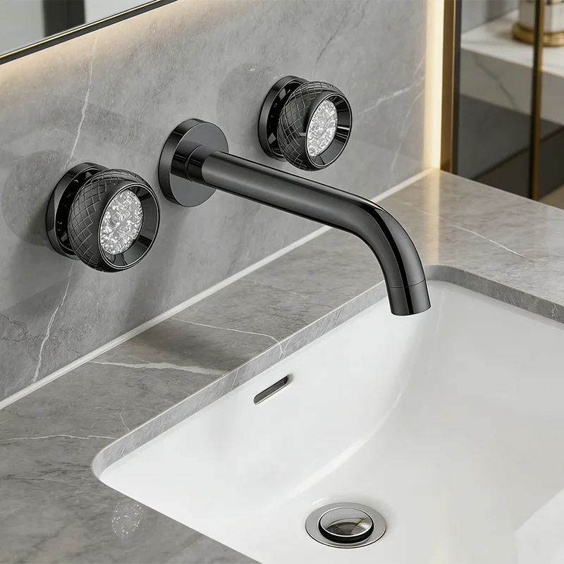 Concealed Wall Mounted Basin Mixer Tap Solid Brass In-wall Bathroom Sink Faucet Luxury Decorative Crystal Double Knobs Hot Cold