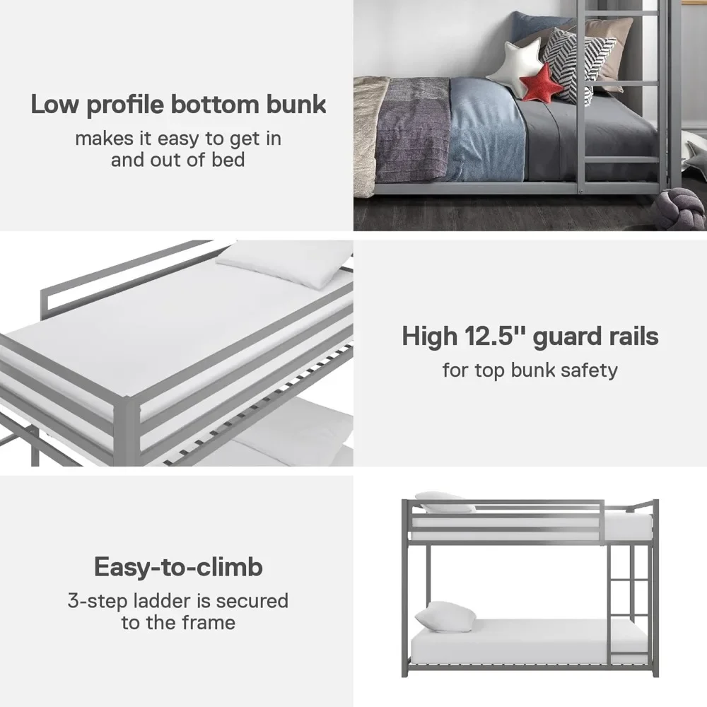 Gratis shippingMetal Bunk Bed Frame untuk anak-anak, dengan tangga Built-in, pagar pembatas tinggi dan bilah logam, tempat tidur bawah lantai, tidak ada Boxsp