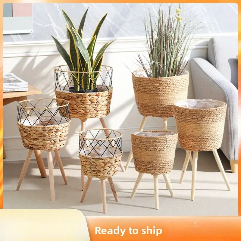 Rattan Balcony Plant Pot Stand Nordic Style Solid Wood Living Room Decor Basket Indoor Plant Rack Plantenplanken Flower Stand