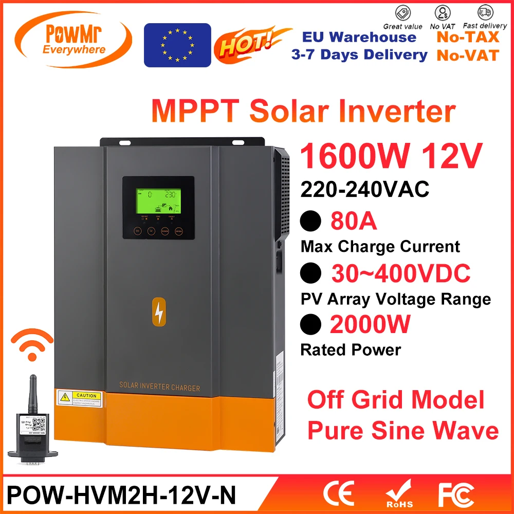 PowMr EU 2KVA Hybrid Solar Inverters 12V Battery to 220V Pure Sine Wave Output With MPPT 80A Solar Controller PV Panel 30-400VDC