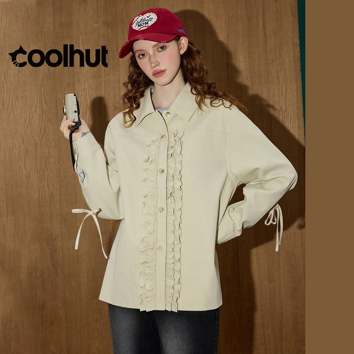 

COOLHUT женская демисезонная куртка с присборенными лацканами, куртка с контрастной отделкой и кружевной отделкой, облегающая нишевая дизайнерская осенняя повседневная верхняя одежда