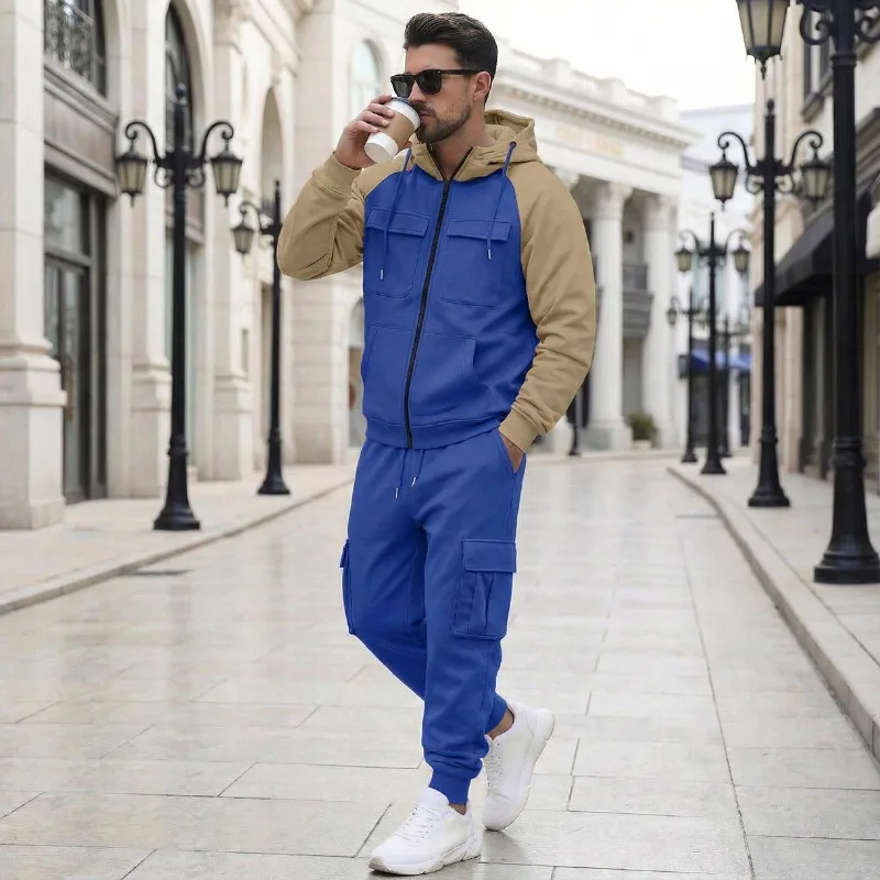 

Men's Color Block Raglan Sleeve Tracksuit 2 Piece Full Zip Hoodie Cargo Jogger Set Casual Sportswear