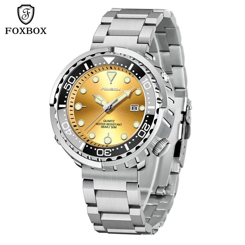 Foxbox Top Marke Mode Taucher Uhr Männer 50atm wasserdichte Datum Uhr Sport uhren Herren Quarz Armbanduhr Relogio Masculino