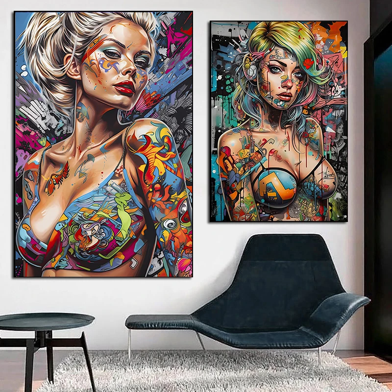 Graffiti Abstrakte Coole Mädchen Wandkunst Poster Moderne Pop Sexy Frau Leinwandgemälde Wohnzimmer Schlafzimmer Heim-Dekor Wandbild