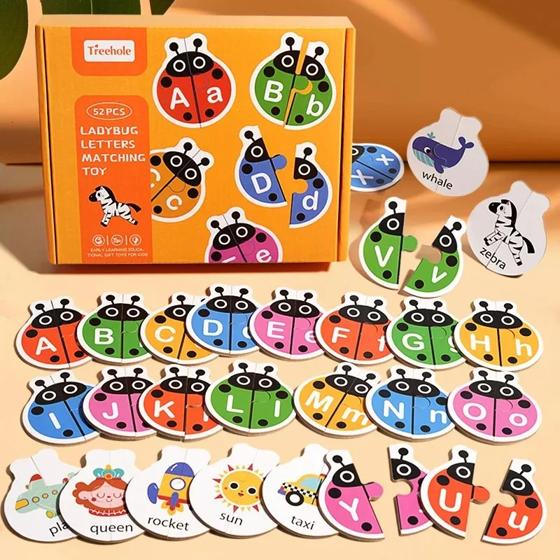 ;Wooden Ladybug Alphabet Matching Puzzle, Double Sided Cards, Words And Letters Learning Toy for Kids, Interactive Tabletop Game