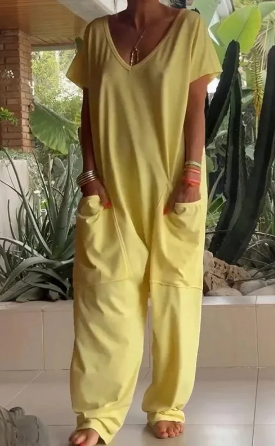 Loose Solid Color Jumpsuits Fashion Casual Women's Clothing 2025 Spring Summer New V-neck Short Sleeved Large Pocket Jumpsuits