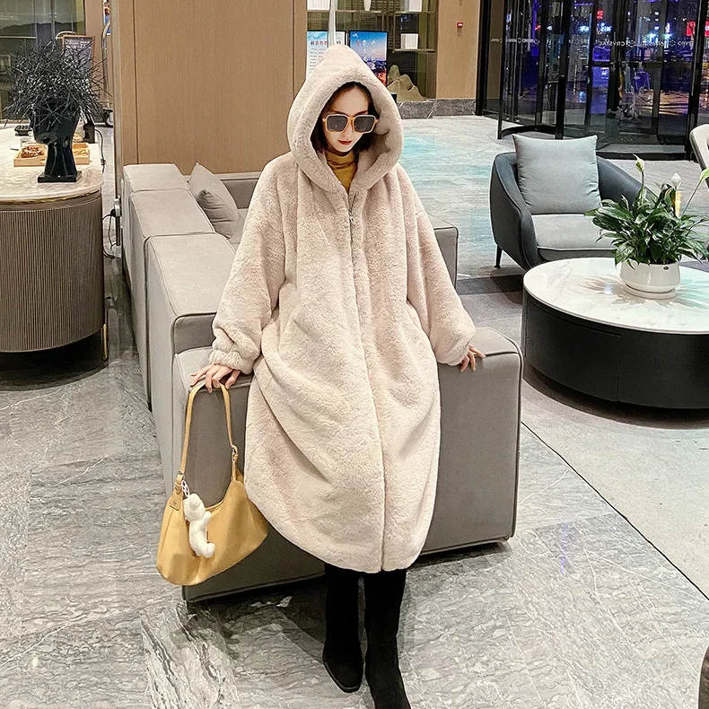 Hooded Thick Faux Fur Jacket Women Pink Autumn Winter Maxi Coat Long Warm Luxury Belt Fur Black Parkas Bontjas Furry Outerwear