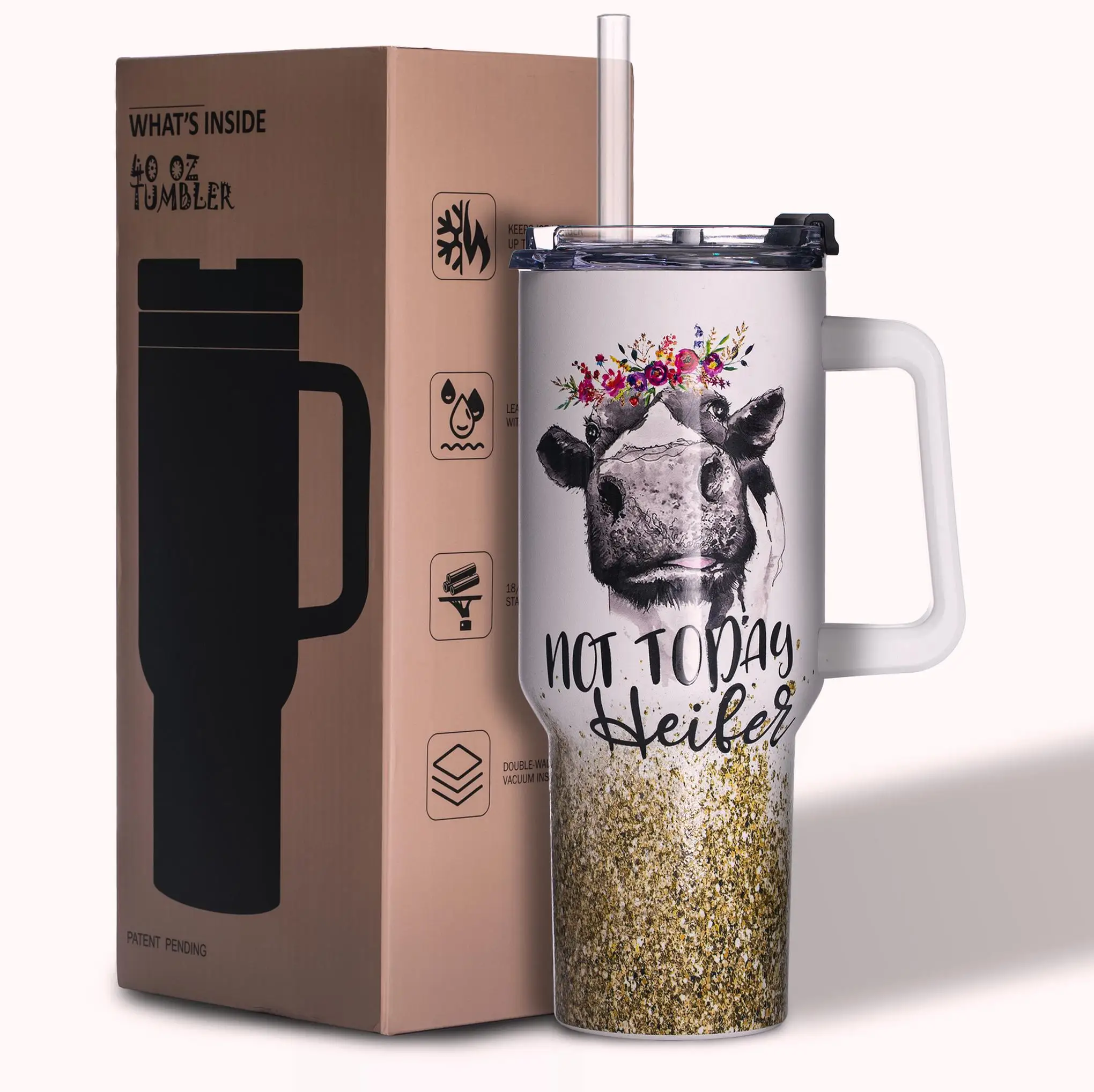 

Cow Glitter 40 oz Vacuum Insulated Stainless Steel Tumbler with Lid and Straw, Sweat Proof, Birthday Gift for Cow Lovers