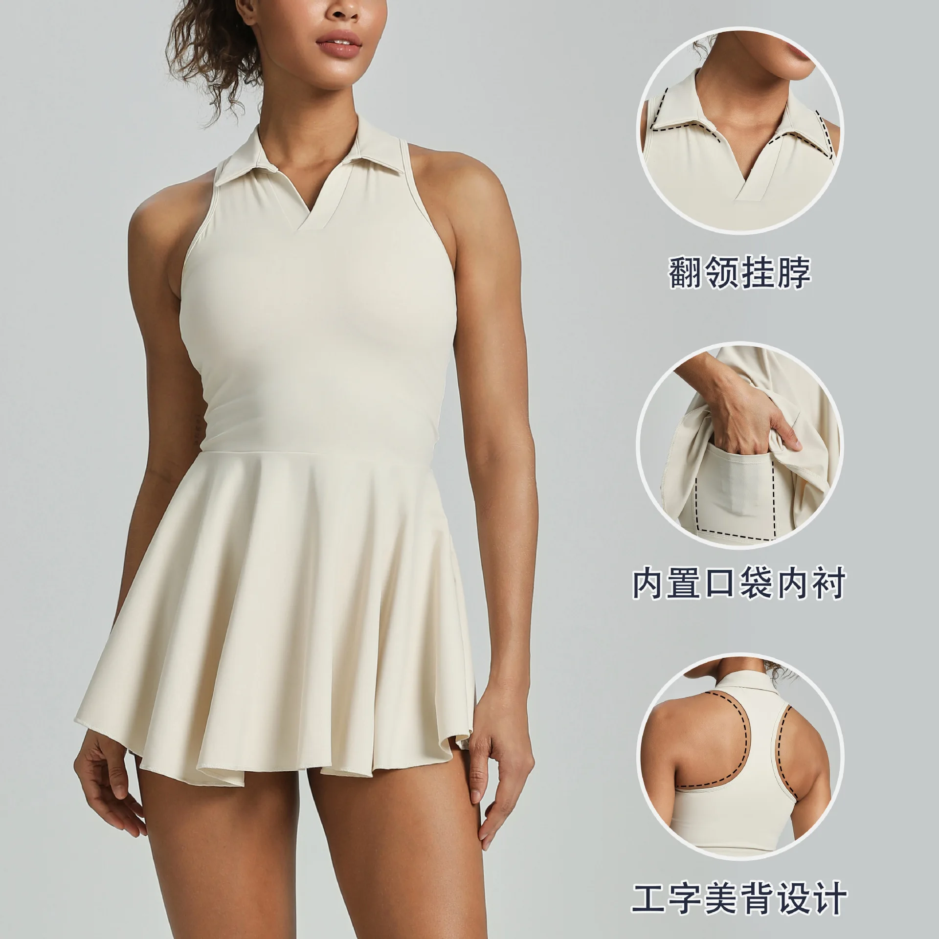 

Tennis Dress with Shorts Pocket Women White Black Sleeveless Golf Wear Badminton Sport Active Wear Summer Running Suit Gym