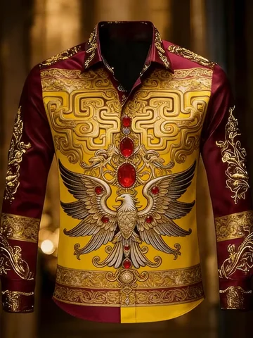 New Gilded Eagle Ruby Chinese Pattern Composite Printed Long Sleeve Shirt Smooth Satin Collar Men's Top