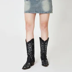 GIGIFOX Cowgirl Rhinestone Western Mid-Calf Boots For Woman Block Mid Heel Pull-On Pointed Toe Hollow Out Retro Cowboy Boots