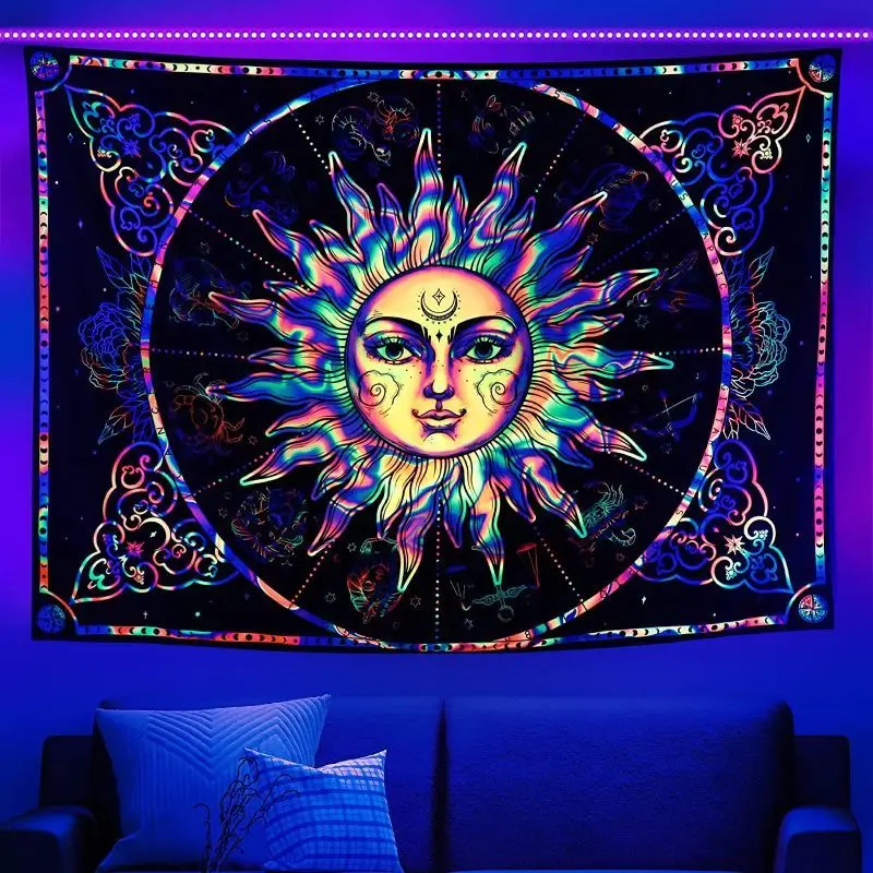 VIKAMA UV Reactive Elephant Sun Moon Fatima Hand Tapestry Psychedelic Indian Bohemian Glow Wall Hanging for Bedroom Home Decor