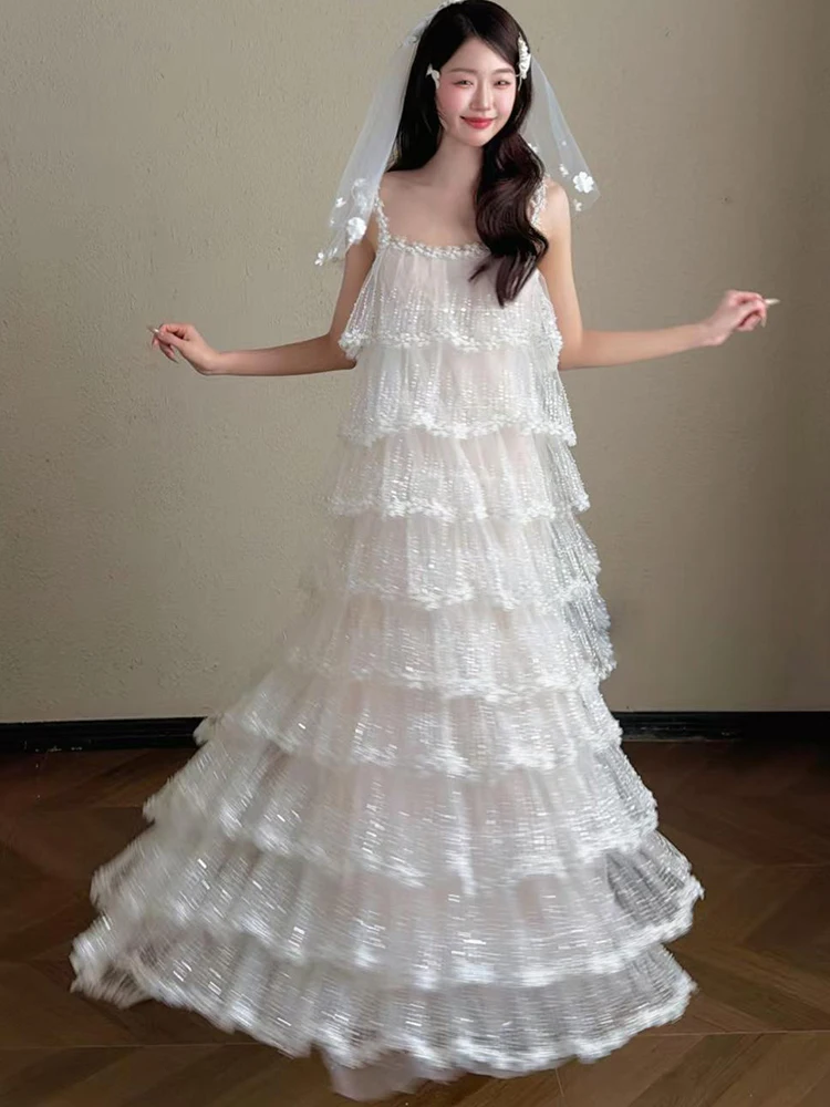 

Morning Shoot Wedding Dress Women's Sweet Strapless Cake Skirt High Waist Polyester Fiber Long Gown Korean Style Formal Wear