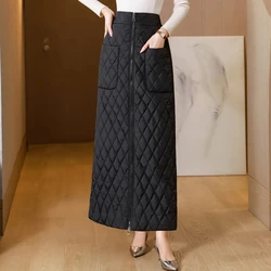 2024 New Spring Autumn Black Zipper Skirt For Women's Clothing Casual Wrap Windproof Skirts Winter Warm Down Cotton Skirt