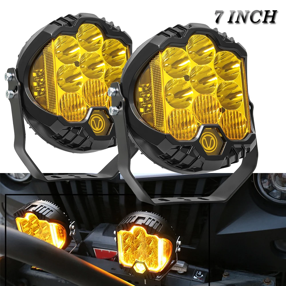 1PC 7 inch 90W LED Three Sided Luminous Headlight Yellow 3000-4300K 9LEDS Work fog Driving Light for Tank 4x4 Off-road SUV TANK