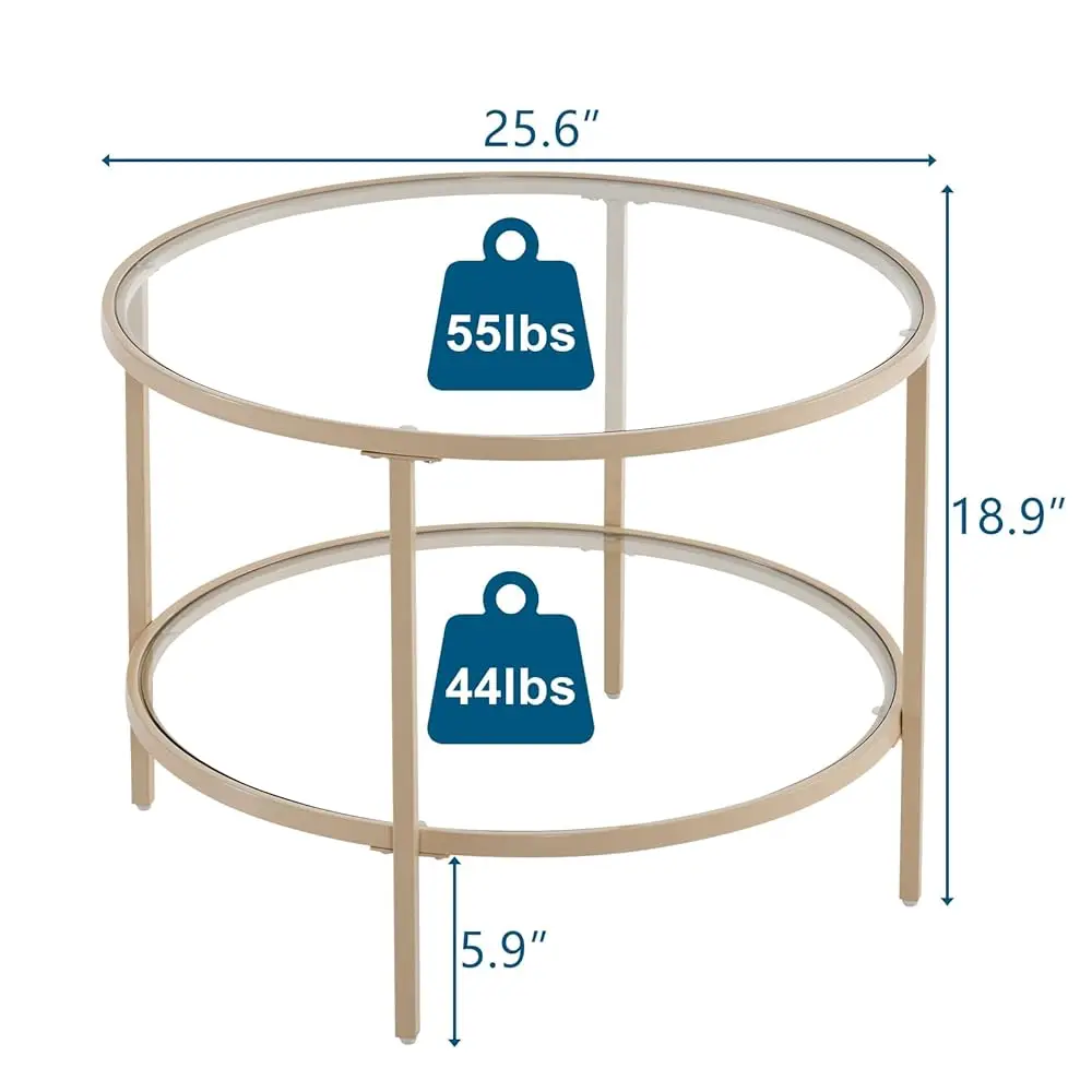 Glass Coffee Table, 25.6"" Round Coffee Table, Transparent Glass Coffee Tables For Living Room, 2-Tier Coffee Table With