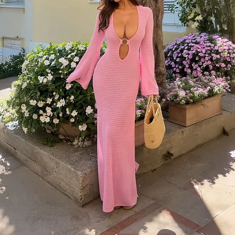 

Женское трикотажное платье макси с глубоким V-образным вырезом, длинными рукавами и вырезами в виде колец, облегающее, для летнего отдыха