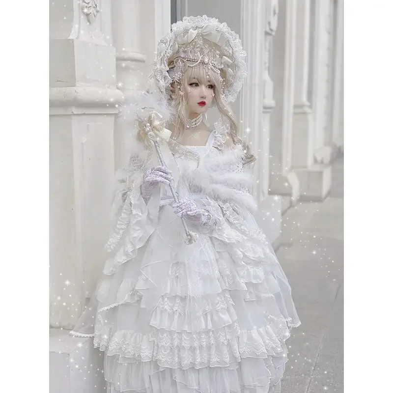 

FC6Gorgeous And Elegant Angel Prayer Flower Wedding Lolita Slip Dress JSK Lace Bow Pure White Dress@FC8！