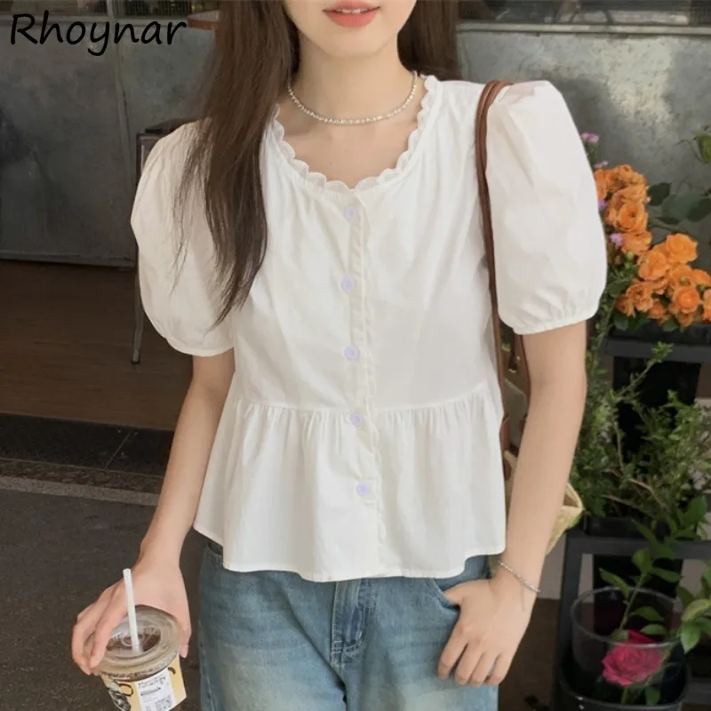 Pure Short Sleeve Shirts Women Korean Fashion Lovely College Baggy Fungus Side Gentle All-match Leisure Daily Summer Girls Chic