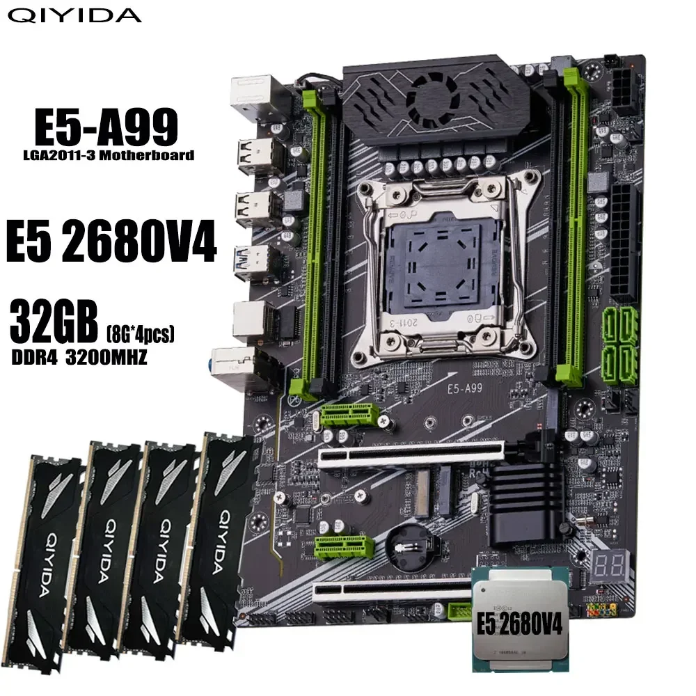 QIYIDA X99 motherboard set kit xeon LGA2011-3 E5 2680 V4 4*8gb=32GB 3200MHz 4 channels DDR4 SATA 3.0 nvme M.2 ATX