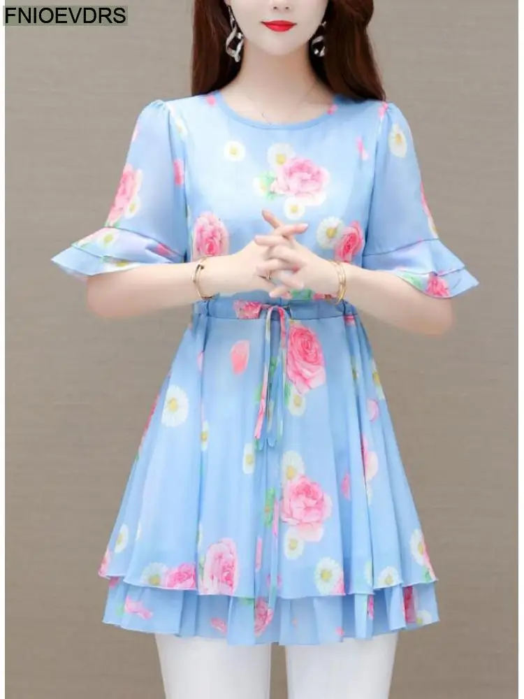 2022 Women Flower Floral Printing Long Tunic Drawstring Lace-Up Chiffon Shirt Blouses Ruffles Retro Vintage Loose Peplum Tops