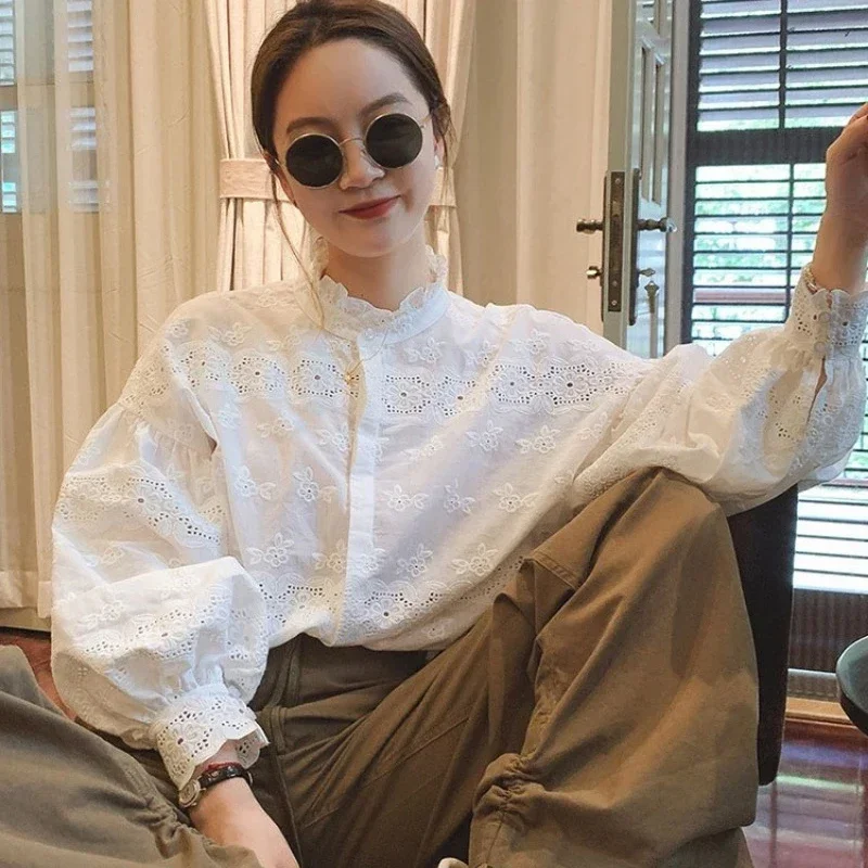 Vintage Embroidered Puff Sleeve Lace White Shirt Women Fashion Slim Cotton Blouse Woman Casual Floral Elegant Female Tops 30131