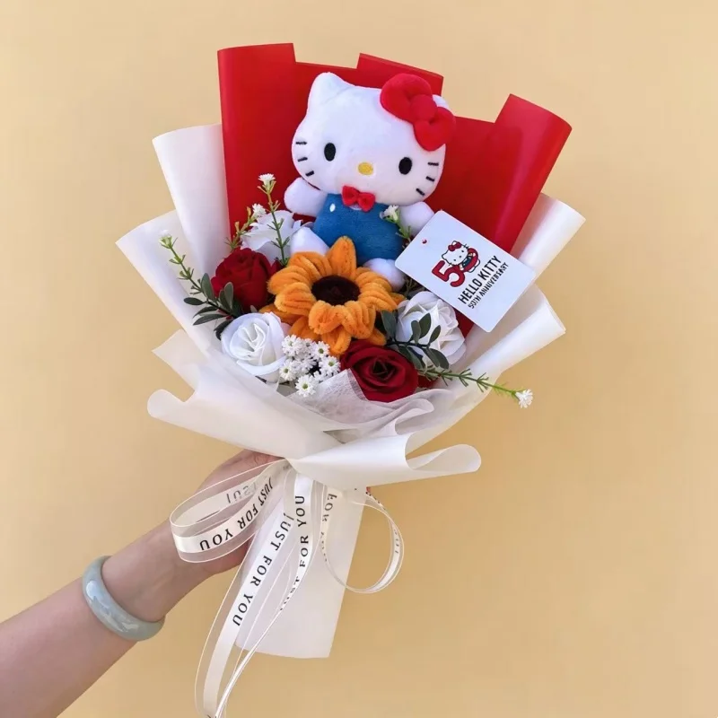 Kawaii Authentic Sanrio Hello Kitty Kuromi Plush Doll Toys Creative Handmade Bouquets Christmas Birthday Gifts For Women