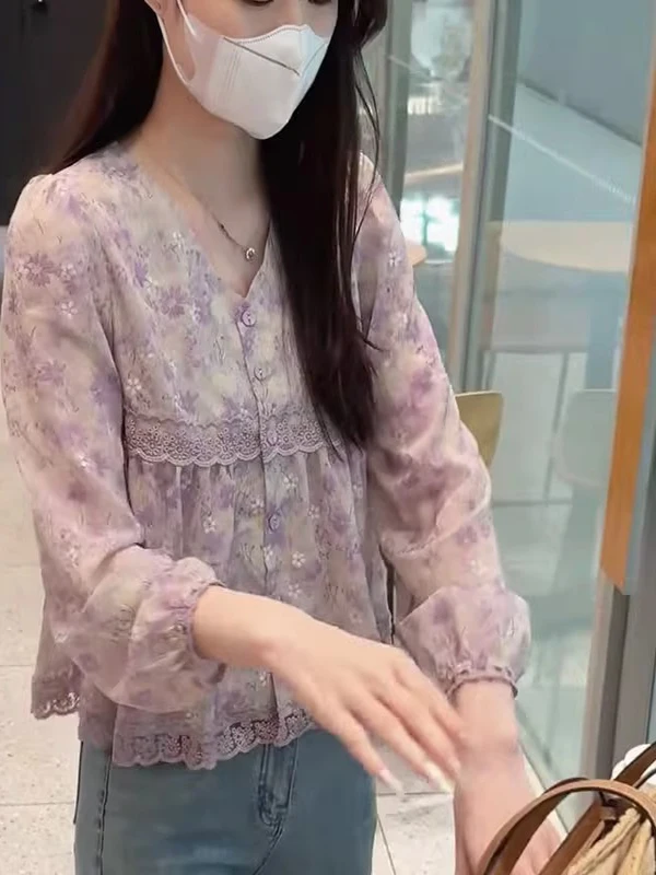 

Ladies Floral Print Chiffon Shirt Spring Autumn Loose Long Sleeve Beautiful Top Korean Style Commute Fashion Elegant Blouse
