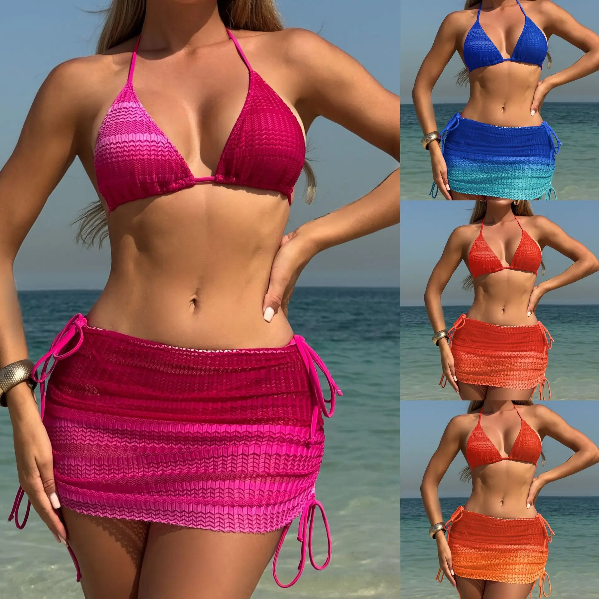 Fanan 2026 new gradient mesh three-piece set beach bikini beach beach seaside skirt swimsuit
