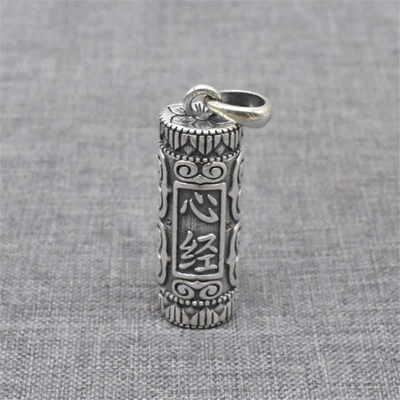1 Piece Heart Sutra Lotus Cylinder Locket Box Pendant in 925 Sterling Silver for Necklace Making
