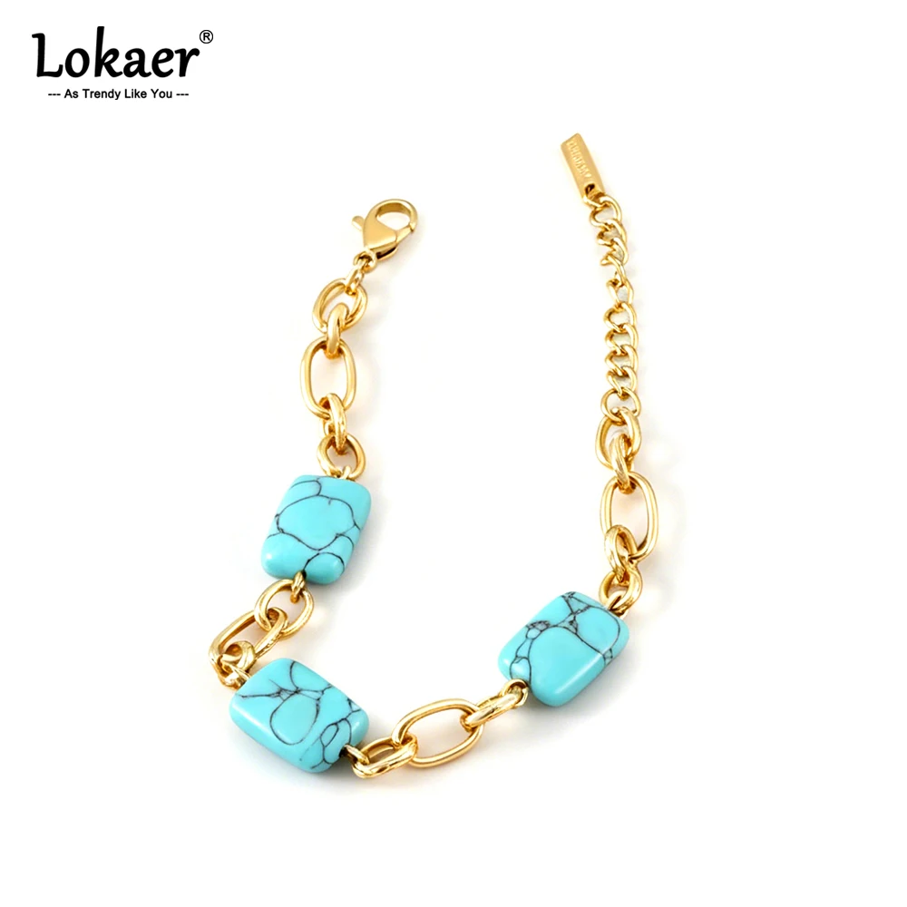 Lokaer Vintage-Armband mit blauen Türkis-Steinperlen für Damen, trendiger Bohemia-Schmuck aus Edelstahl mit Gliederkette, wasserdicht, B26019