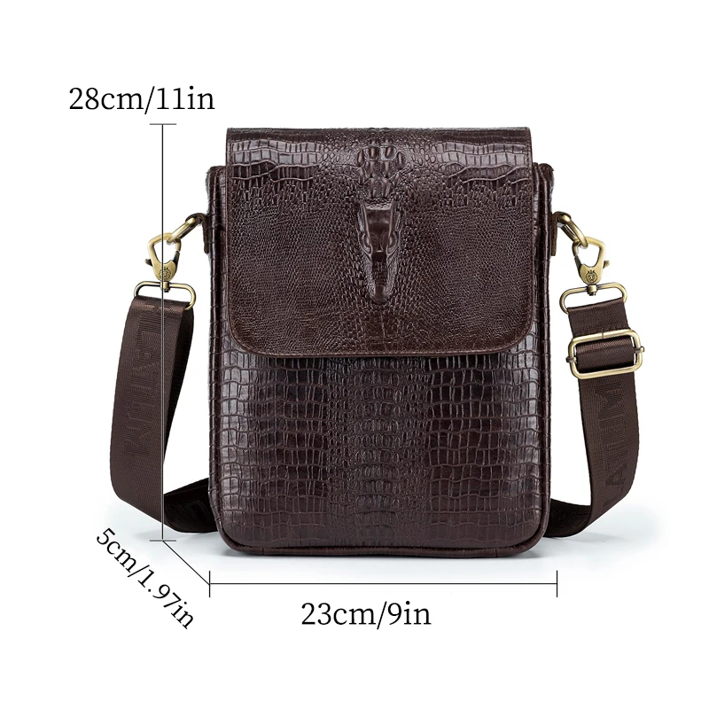 Genuine Leather Casual Shoulder Bag for Men Coffee Vintage Crocodile Grain Cowhide Messenger Bag Men's Black Crossbody Bag