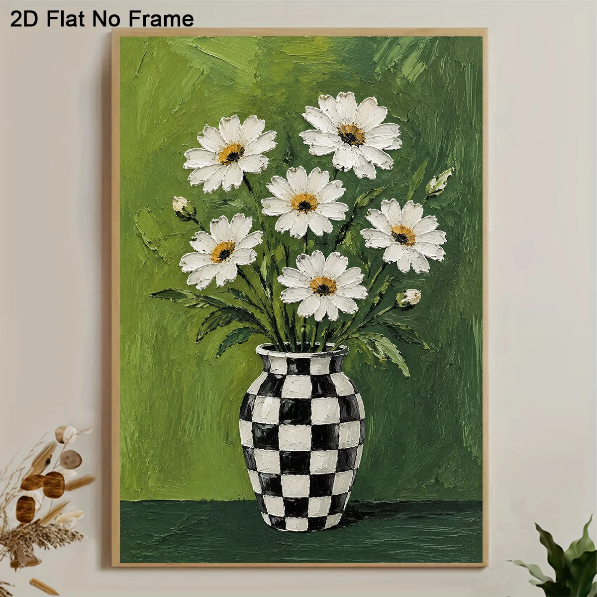 2027,2D Flat, Frameless Canvas Poster, White Daisy Flowers in Checkered Vase Oil Painting, Wall Art Canvas Painting, Bedroom