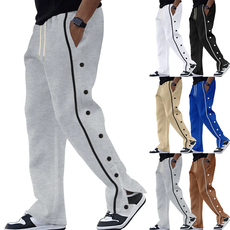

Button Men's Casual Pants Spring Autumn Loose Straight Drawstring Side Button Men Trousers Pants