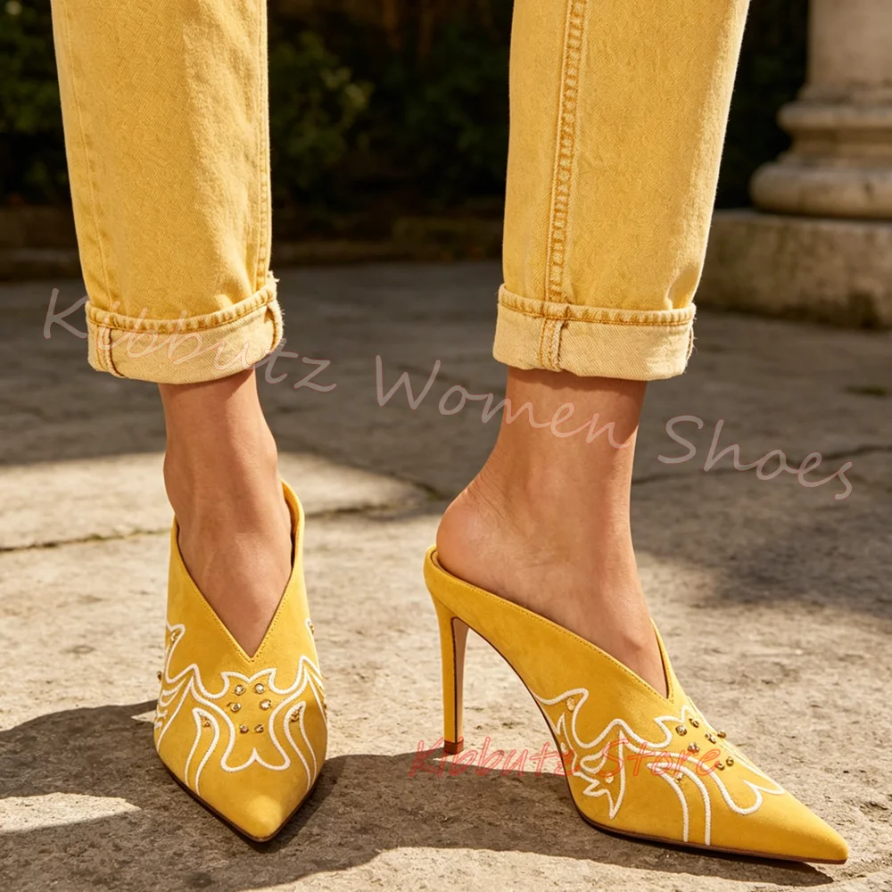Women Mules Slingback Slipper Pointed Toe Ethnic Embroidery Stiletto Heels Vintage Casual Shoes Summer Leather Slip-On Fashion