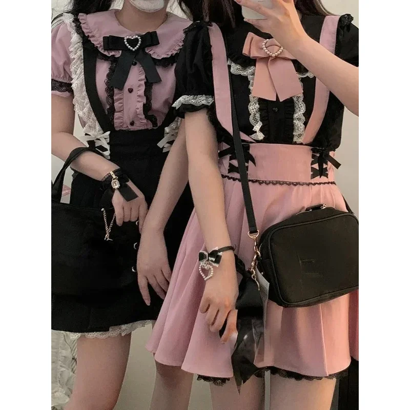 2024 صيف جديد اليابانية لطيف لوليتا الدانتيل قصيرة الحمالات التنانير Kawaii مطوي البسيطة حبال تنورة فستان Vestidos De Mujer