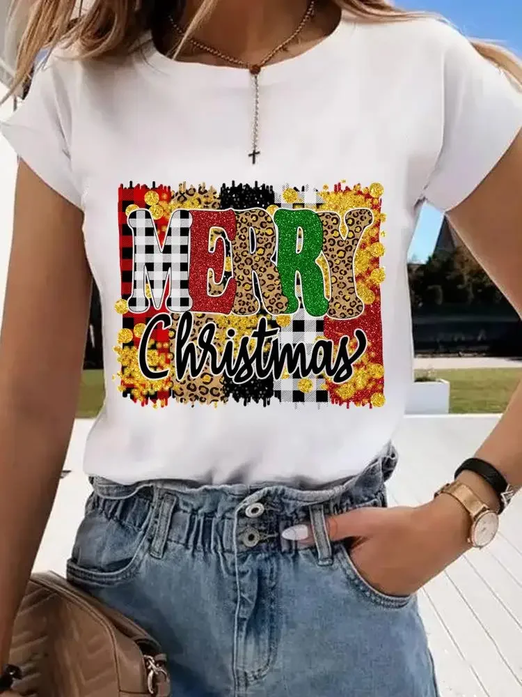 Plaid Baum niedlichen Druck Frauen T-Shirt Weihnachten Urlaub Top Mode Dame Neujahr Hemd Kleidung Kleidung Grafik T-Shirts