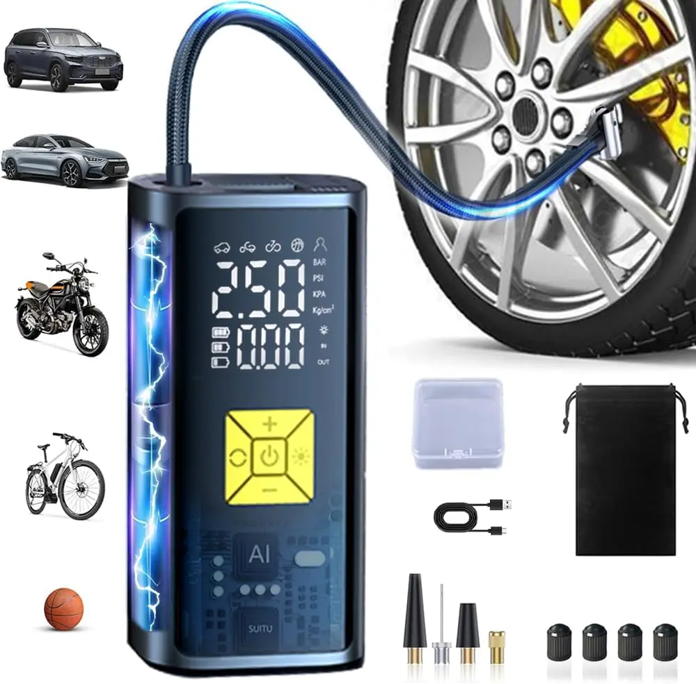 

Portable Tire Inflator with Digital Gauge & Emergency Light – Quick Auto-Off Air Compressor for Car, Bike, Motorcycle, Ball