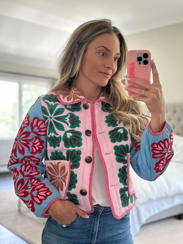 

Long Sleeve Single Breasted Pocket Jackets Autumn Winter Fashion Coat Women Print Cotton Jacket Colorful Casual