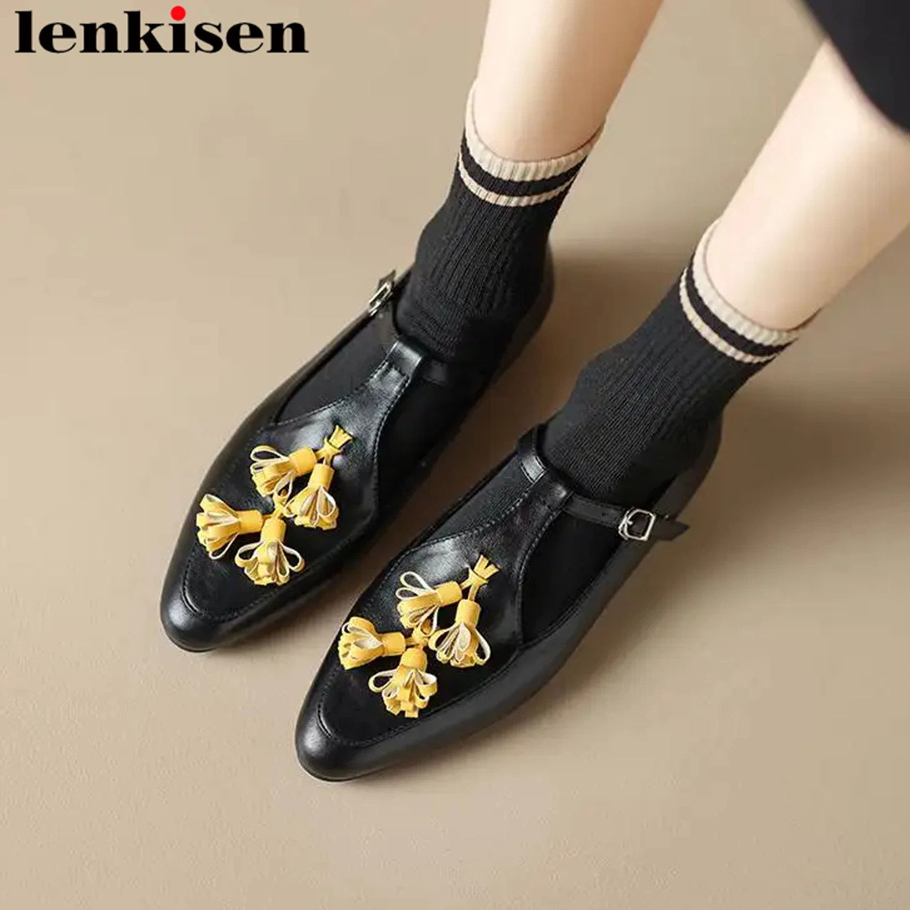 Lenkisen 2024 Genuine Leather Round Toe Luxury Fringe Mary Janes Spring Modern Buckle Straps Fringe Summer Ins Brand Women Flats