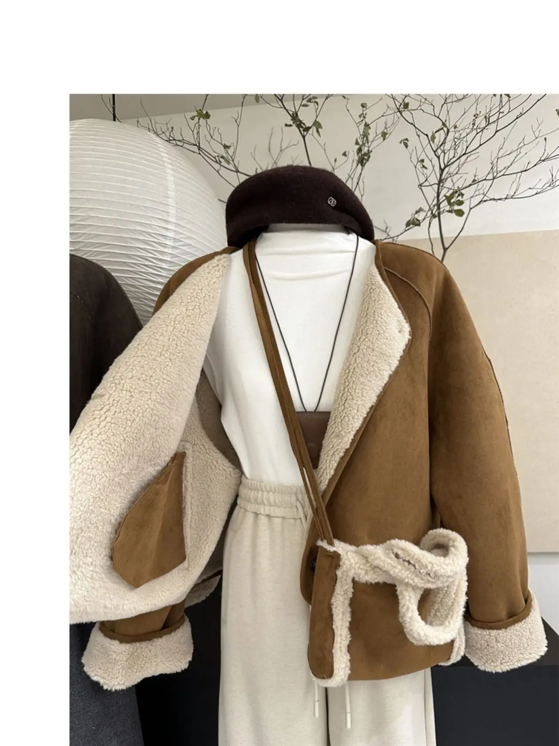 Women's Korean Faux Suede Short Coat Cotton-padded Thickened Warm Soft Jacket Top Overcoat Winter Preppy Office Commuter Outfits