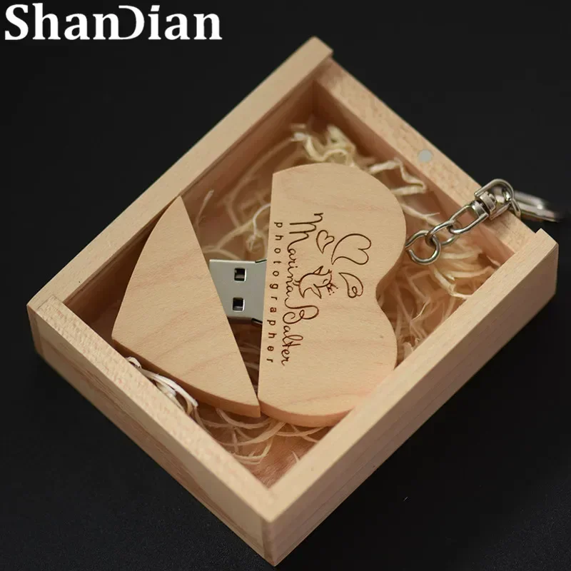 Heart Wedding Photography Gifts USB Flash Drive Free Custom Logo Wooden Pen Drive Real Capacity Memory Stick 64GB/32GB U Disk