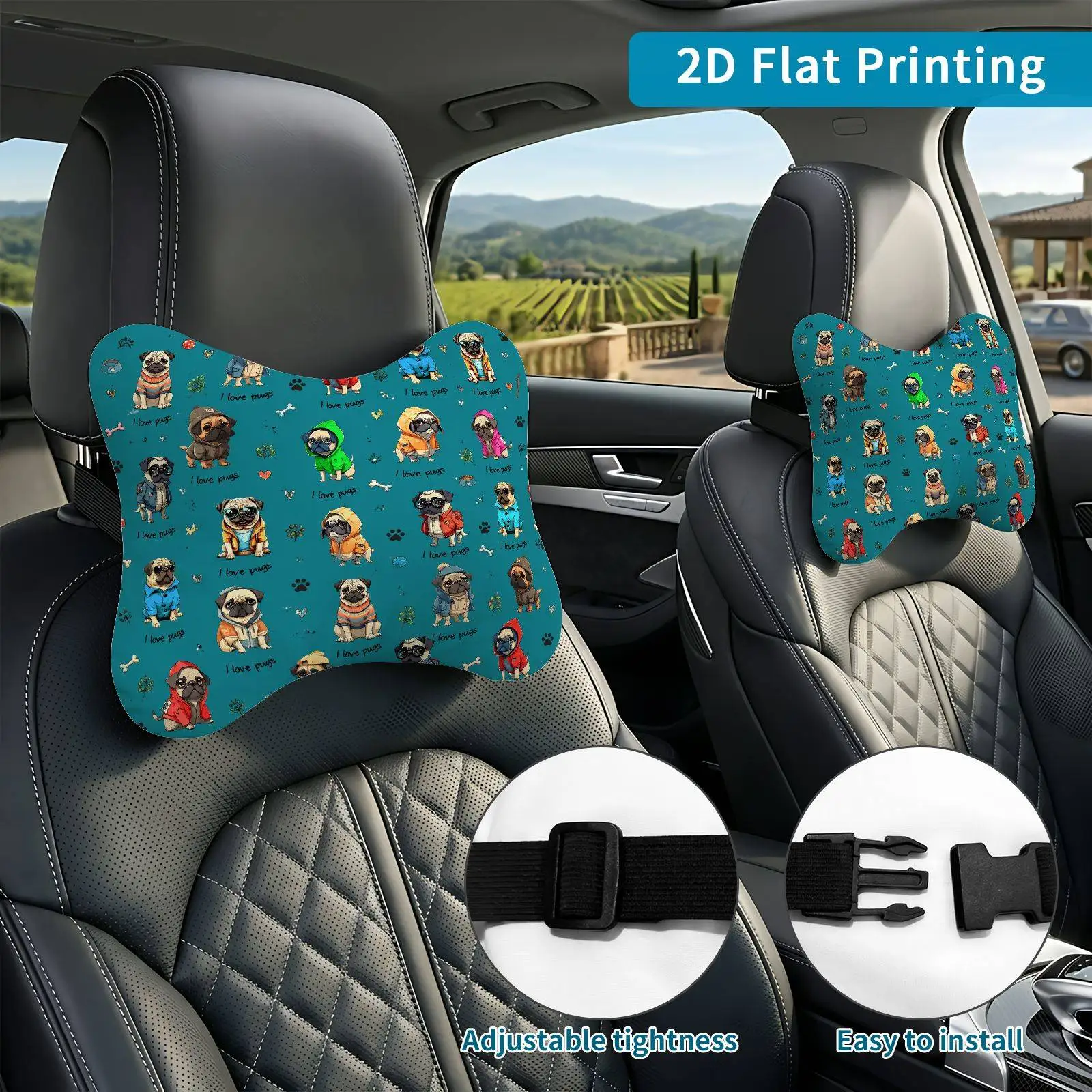 2pcs Dog Fashion Outfits Car Seat Headrest, Neck Support Cushion, Suitable For All Seasons Of Car Additions, Dog Print Theme, Tr