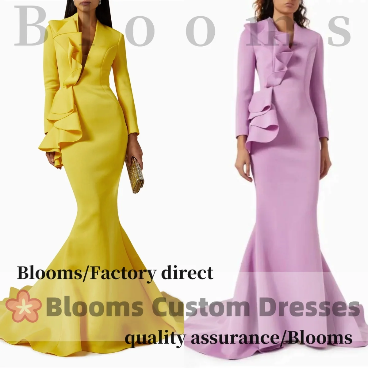Blooms V-Neck Customized Ruffles Evening Dresses Long Sleeves Mermaid Formal Occasion Party Dress For Prom Wedding