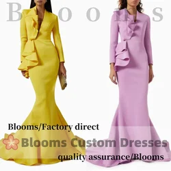 Blooms V-Neck Customized Ruffles Evening Dresses Long Sleeves Mermaid Formal Occasion Party Dress For Prom Wedding