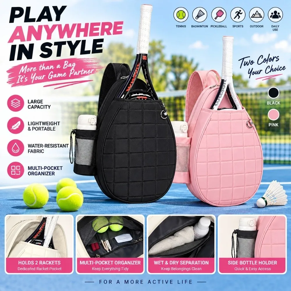Lightweight Tennis Racket Bag Foam Padded Large Capacity Tennis Shoulder Bag Waterproof Wet Dry Separation