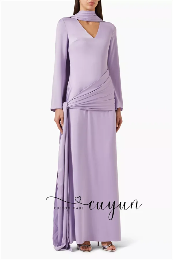 CUYUN Customized Scarf-style Purple Evening Dress Wedding Guest Wear V-Neck Long Sleeves Party Gown Formal Event Dresses Prom