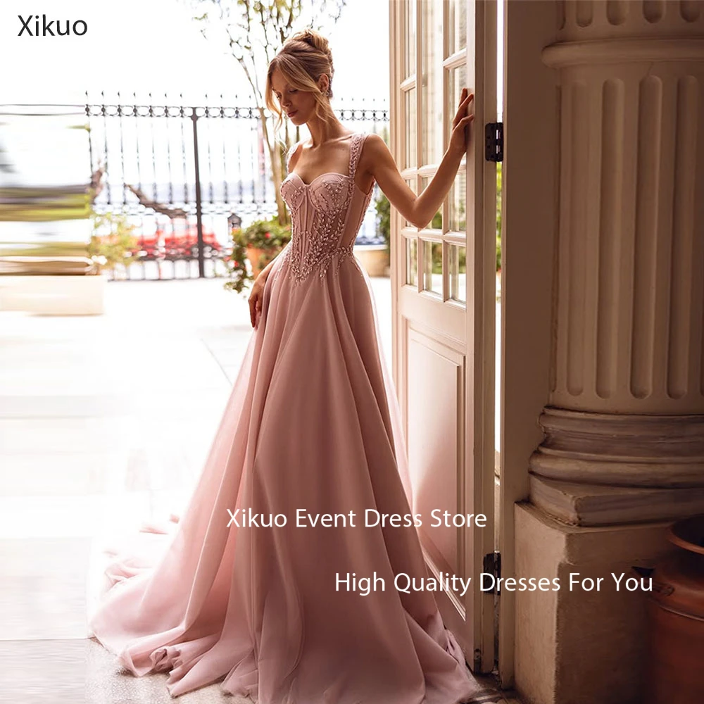 

Xikuo Elegant A Line Evening Gowns Pleated Floor Length Robe Cocktail Femmes Spaghetti Strap Crystal Party Prom Dress Customized