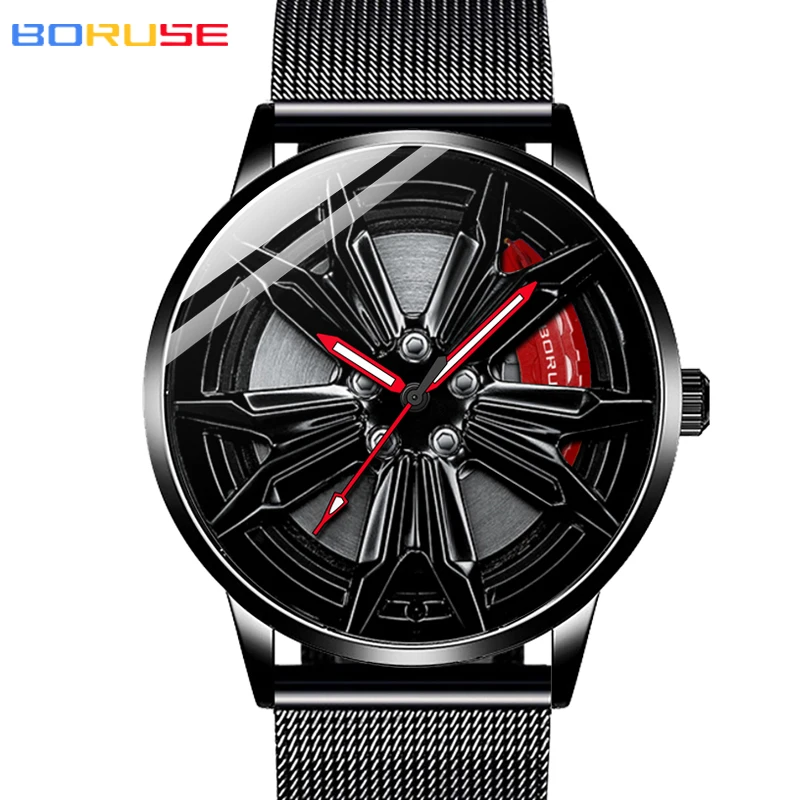 BORUSE Fashion Mens Car Wheel Watches Mesh Belt Waterproof Watch Men Quartz Wristwatch Luminous Clock relogio masculino